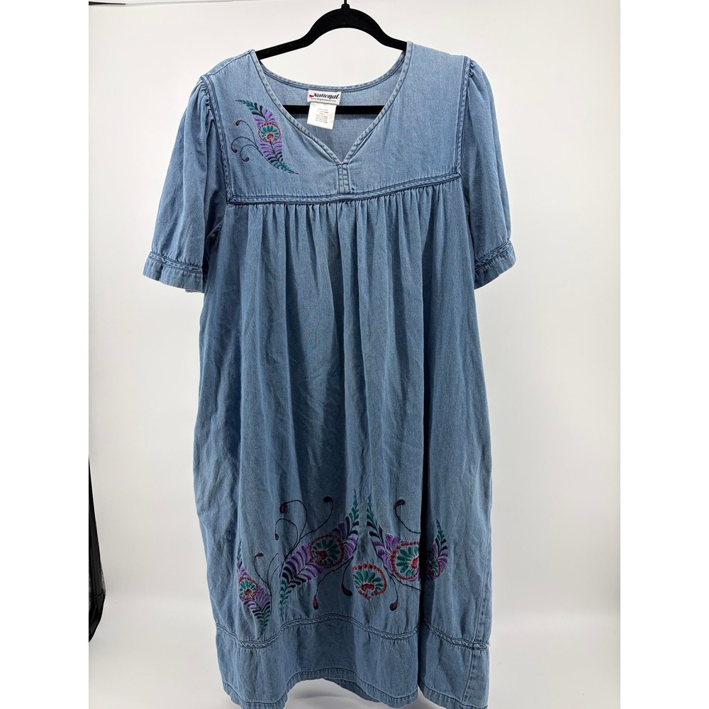 National Denim Dress, Floral Embroidery, Full Length, Women's Size Large